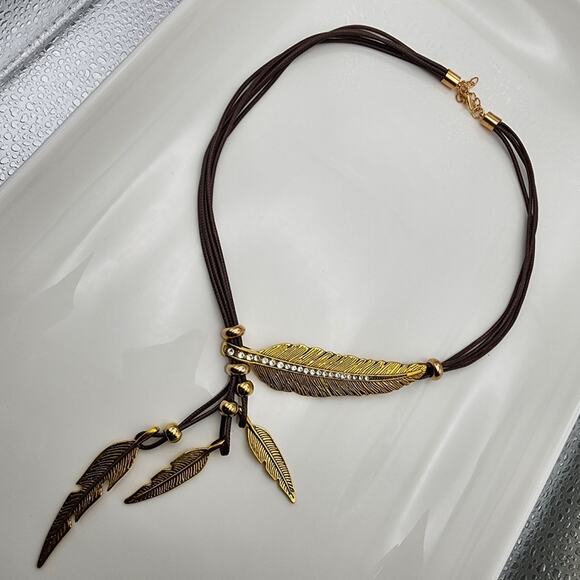 Gold Feather Boho Rhinestone Necklace - Picture 3 of 5